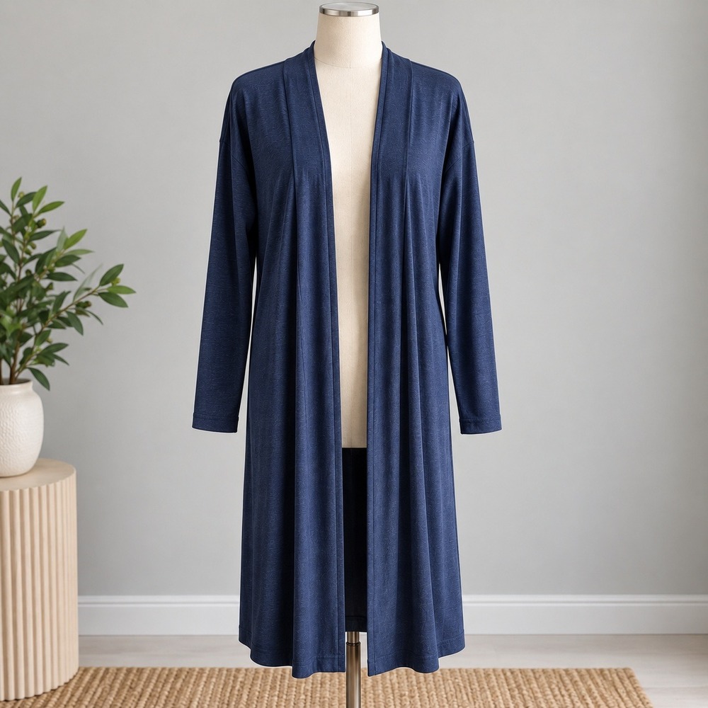 LOFT Duster Cardigan Navy Blue Open Front Long Sleeve Side Slits Comfy Sz Small